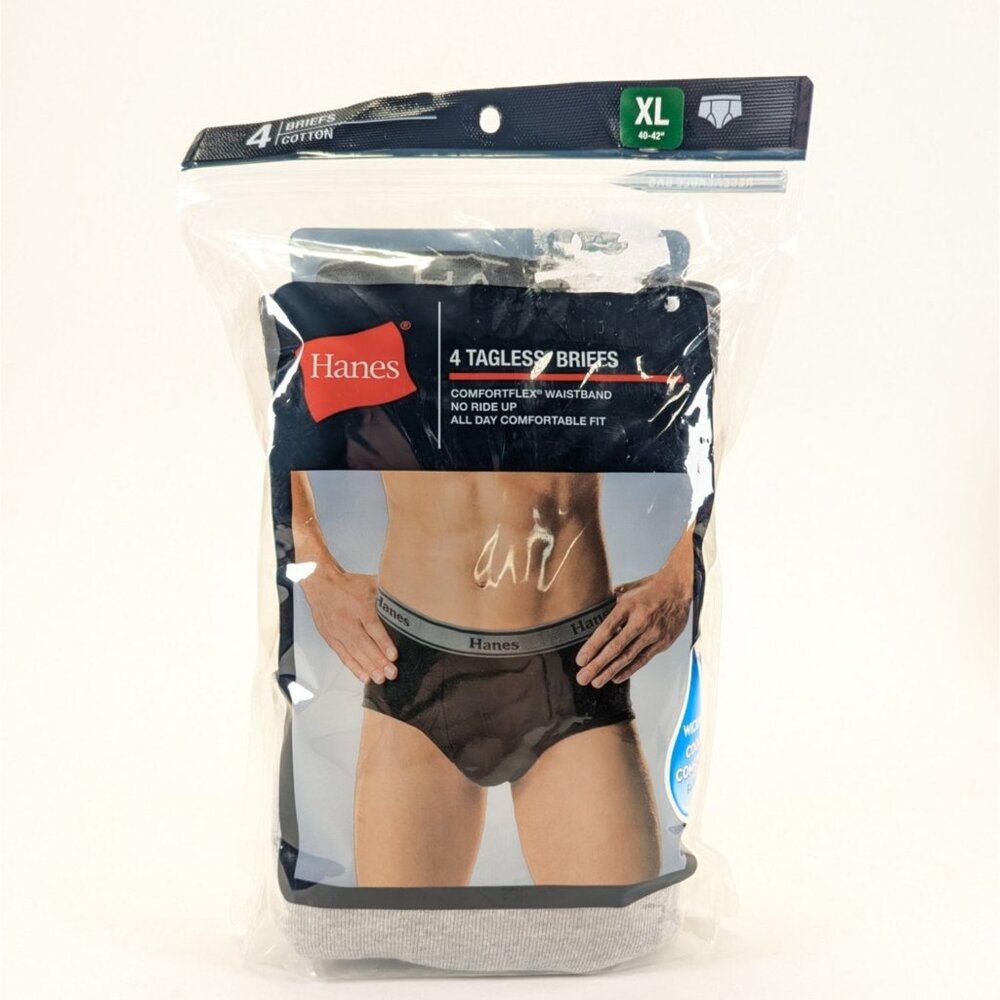 Hanes Mens XL Tagless Briefs 4-Pack Cotton Comfort Waistband Gray